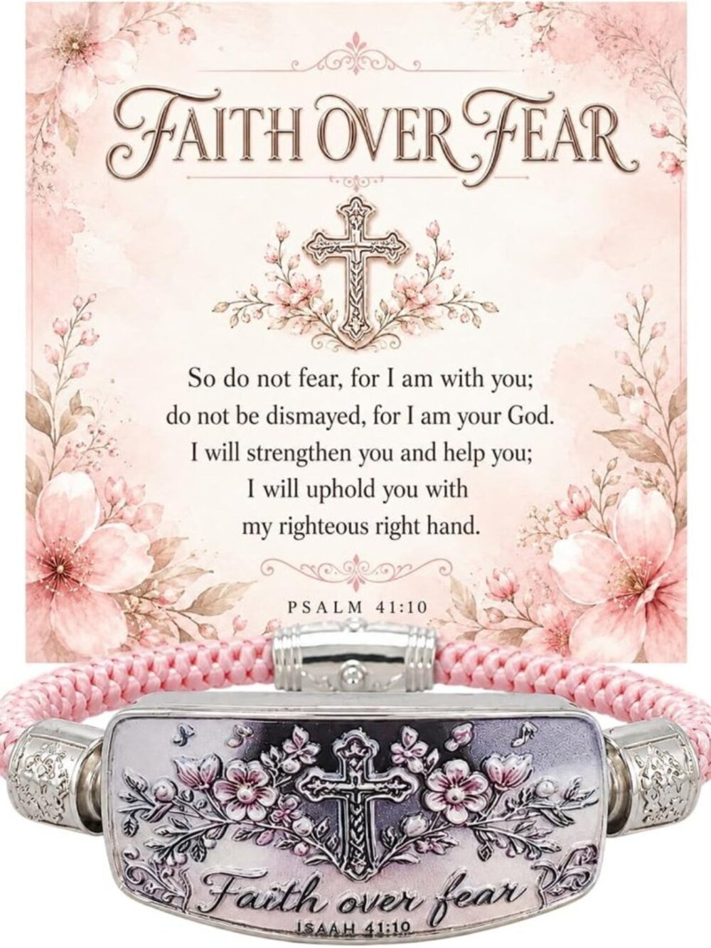 Inspirational Faith Over Fear Bangle Bracelet - Adjustable Pink Cross Jewelry
